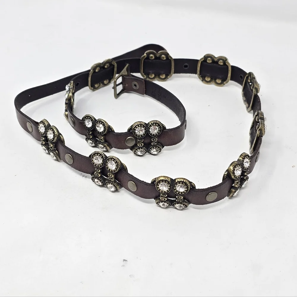 Vtg women brown leather belt brass studs rhinestone accent punk goth whimsygoth.